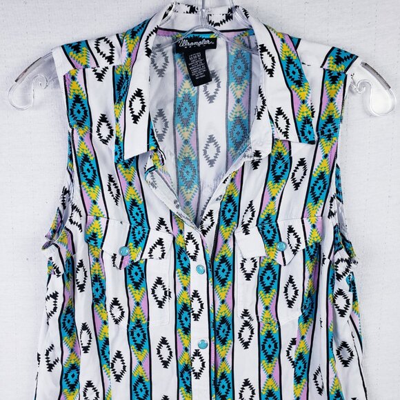 Wrangler Retro Pearl Snap Shirt Sleeveless Southwestern Print size M Western - Picture 5 of 11